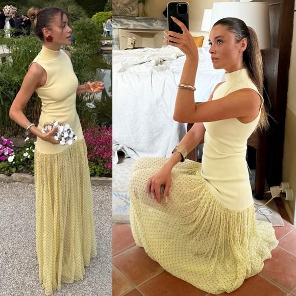 HELSA Costanza Gown Sheer Polka Dot Skirt Butter Yellow NEW with tag - Picture 9 of 10